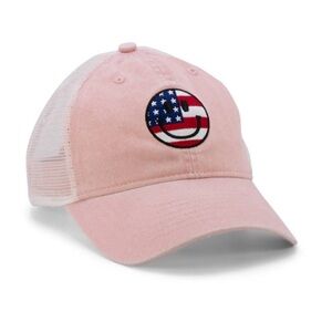 New American Flag Smiley Face Happy Trucker Hat Pink Hat USA Patriotic Cap OSFMW